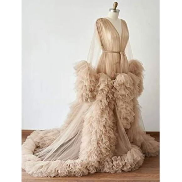 Tulle Robe Gown Beige Blush Dress Maternity Photoshoot Bridal Ruffles Poofy - Picture 1 of 16